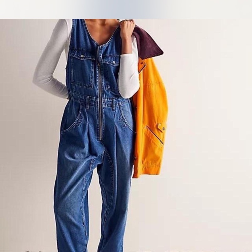 We The Free Blue Denim Jumpsuit Straight Cut